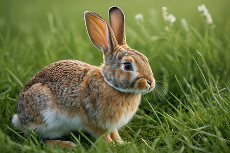 Cute brown rabbit sitting on green grass. Animal in nature.