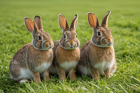 Three Easter bunnies sitting on green grass in the meadow