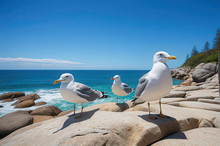 Seagulls on the rocks by the sea in the summerの写真素材