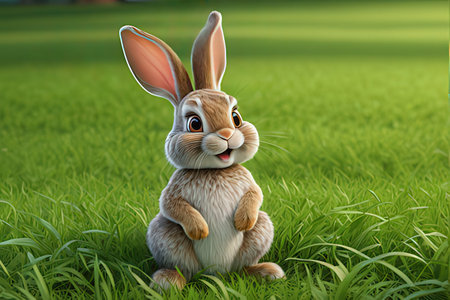 3d rendering of a cute easter bunny sitting on the grassの写真素材