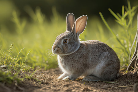 Rabbit sitting on the ground and looking at the camera in the nature