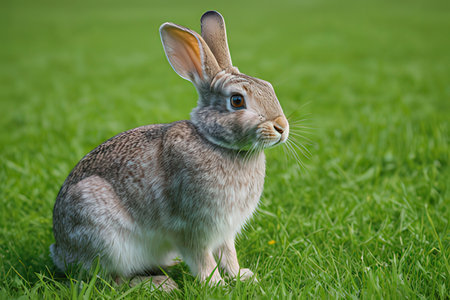 Cute gray rabbit sitting on green grass in the park. Animal portrait.