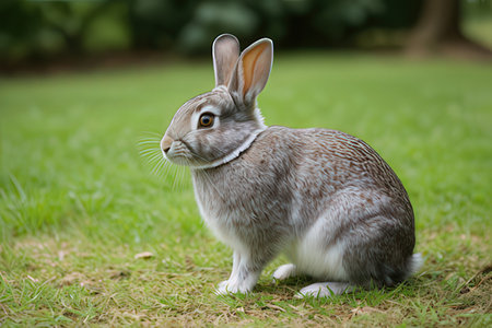 Cute rabbit on green grass in the park. Animal portrait.