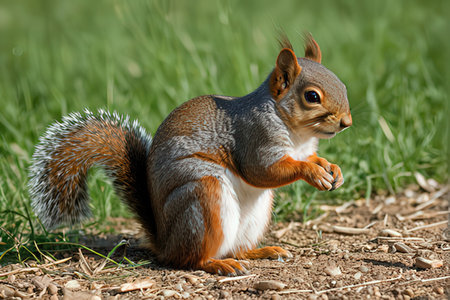 Red squirrel, Sciurus carolinensis, sitting on the ground