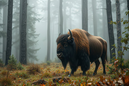 Bison in the misty autumn forest. 3D Renderingの写真素材
