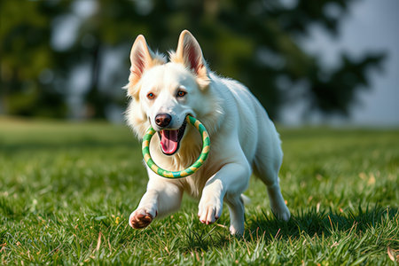 White Swiss Shepherd dog running on the grass with a hoop in teeth
