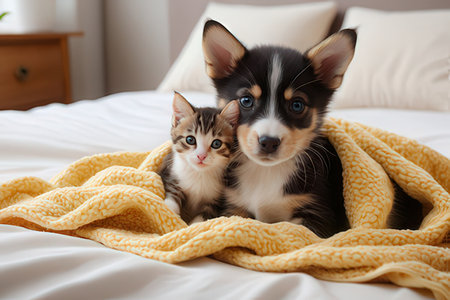 Cute little kitten and Welsh Corgi puppy under blanket on bed at homeの写真素材