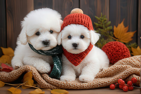 Two cute white Maltese puppies in knitted hats and scarves on a wooden background.のeditorial素材