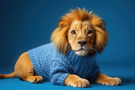 Cute lion in warm sweater on blue background. Studio shot.の写真素材