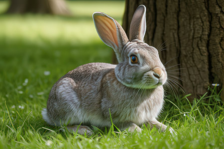 Cute rabbit sitting on green grass in the garden, closeup