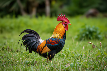 Colorful rooster on the green grass background. (Thailand)の写真素材
