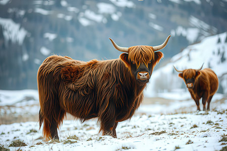 Scottish highland cattle on the snow in the mountains at winter