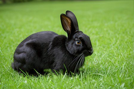 Black rabbit on green grass background. Easter bunny in the garden.の写真素材