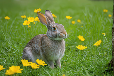 Easter bunny sitting on the grass with yellow flowers in the background