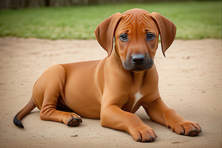 Rhodesian Ridgeback puppy lying on the sand in the park