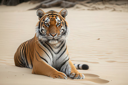 Portrait of a tiger lying on the sand in the zoo.の写真素材