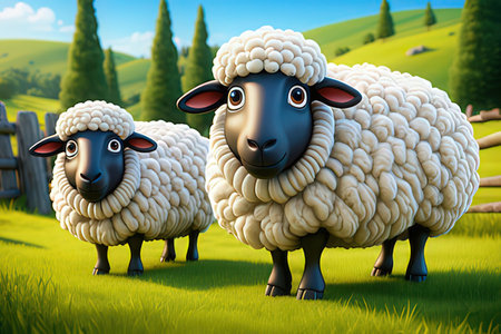 Sheep on the green meadow. 3D rendering. Digital illustration.の写真素材