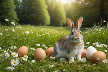 Easter bunny with eggs on the meadow with daisies
