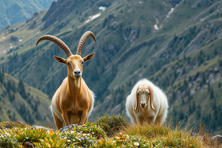 Two goats on the alpine meadow in the Alps, Austriaの写真素材