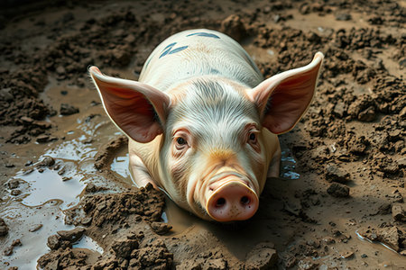 Portrait of a pig in mud on a farm, close-upの写真素材