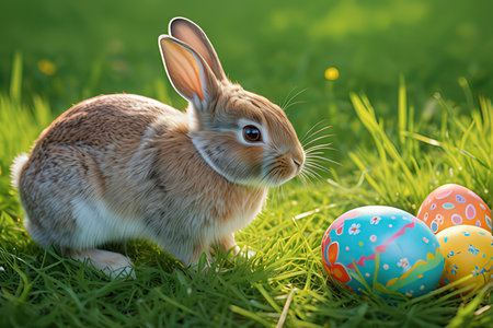 Rabbit and easter eggs on green grass. Happy easter.