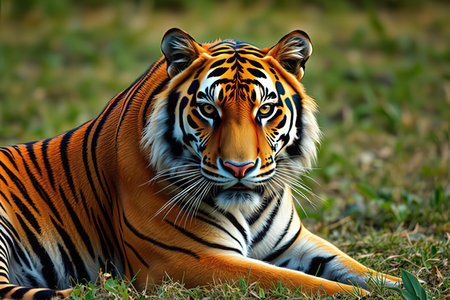Close up of a tiger in the grass. (Panthera tigris altaica)