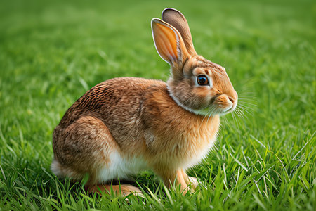 Cute little rabbit on green grass. Easter bunny. Animal portrait
