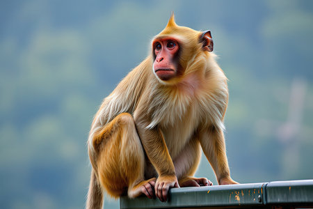 Monkey sitting on the edge of a fence in the forest.