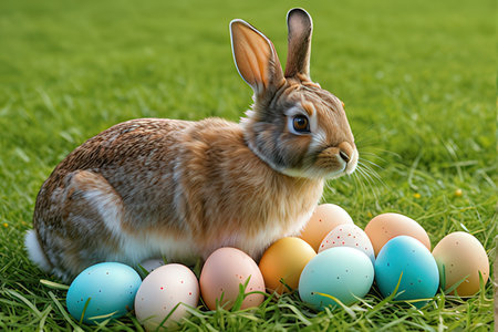 Easter bunny with colorful eggs on green grass. Happy Easter.