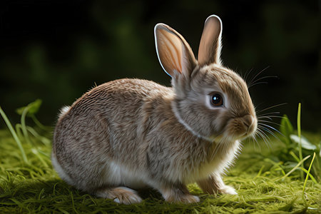 Cute little rabbit on green grass, close-up, on dark background