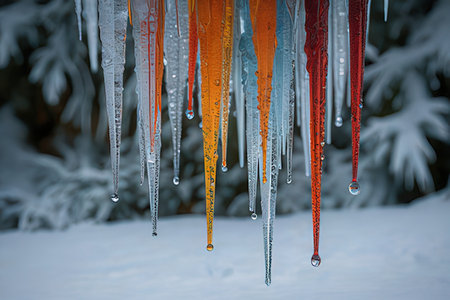 Icicles hanging from a tree branch in the winter forest.の写真素材