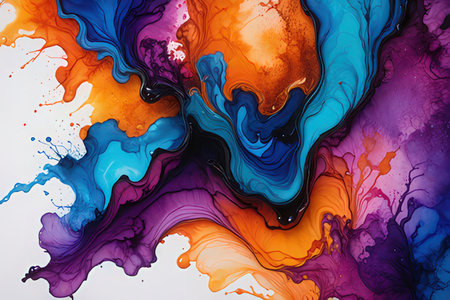 Abstract background of acrylic paint in blue, orange, yellow and purple colors