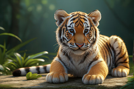 Cute tiger in the wild,3d rendering. Computer digital drawing.