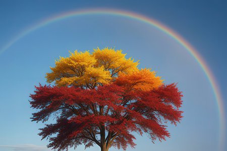 Autumn tree with rainbow in blue sky background. 3d render