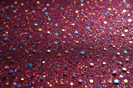 Multicolored sparkles on a red background close-up.