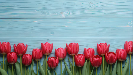 Red tulips on blue wooden background. Top view with copy spaceの写真素材