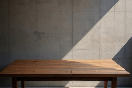 Empty wooden table and concrete wall background, product display montage.