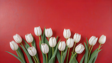 White tulips on red background. Top view with copy space.の写真素材