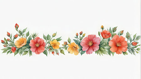 Hand drawn watercolor floral border. Isolated on white background.の写真素材