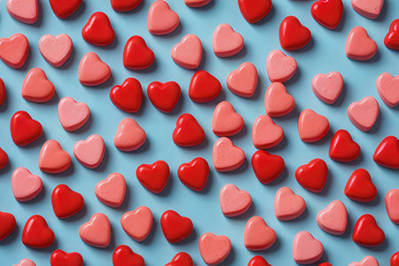 Valentine's day background with red hearts on a blue backgroundの写真素材