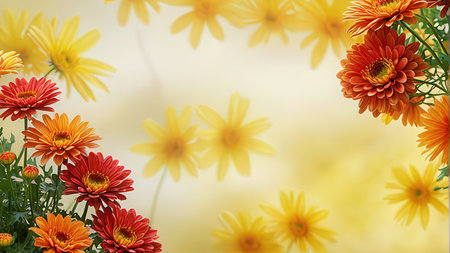 Colorful gerbera daisy flowers border on yellow bokeh backgroundの写真素材