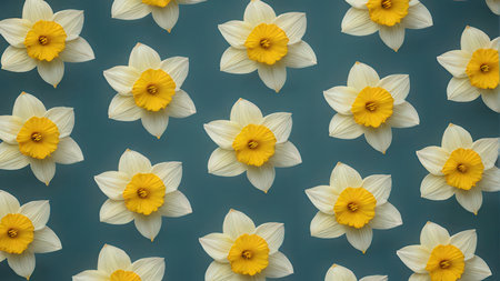 Daffodils pattern on blue background. Flat lay, top viewの写真素材