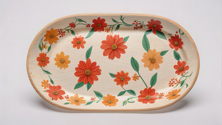 Wooden plate with red and orange flowers on a white background.