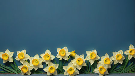 White daffodils on a blue background with space for text