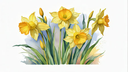 Yellow daffodils on a white background. Vector illustration.の写真素材