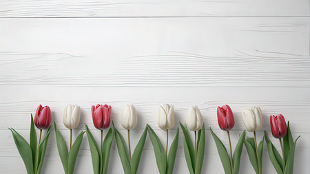 Beautiful tulips on white wooden background, top view. Space for textの写真素材