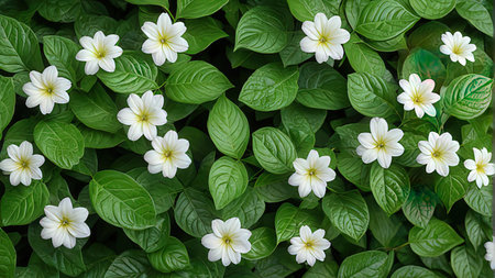 White flowers and green leaves background. Top view, flat lay.