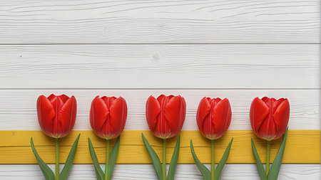 Red tulips on white wooden background. Top view with copy spaceの写真素材