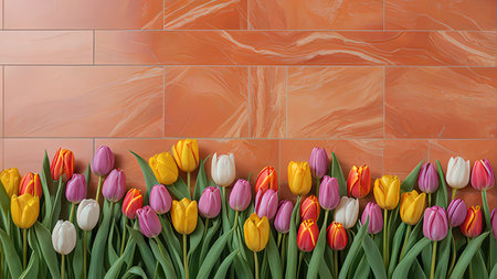 Tulips on tiled background. 3d render illustration.の写真素材