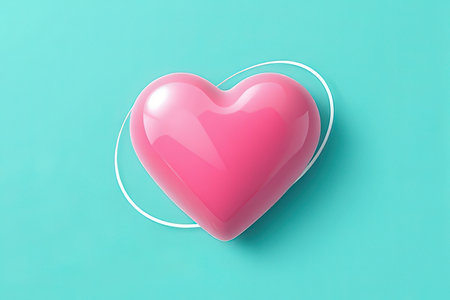 Pink heart on turquoise background. Valentine's day concept.の写真素材